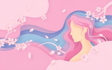 Paper art of woman with pink hair and cherry blossoms in pastel tones