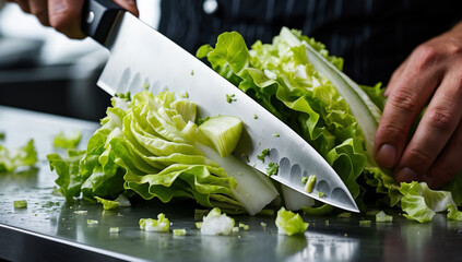 Chef is using the sharp knife glides through the lettuce, each cut clean and precise