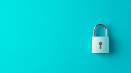 Fototapeta premium A minimalistic turquoise background features a silver padlock, symbolizing security and protection.