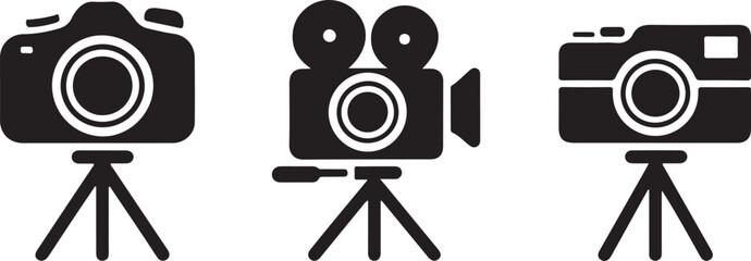 Obraz premium Vintage and modern movie cameras on tripods isolated on white background