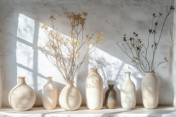 Rustic pottery collection showcased in natural sunlight