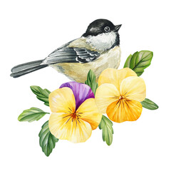 watercolor bird with yellow and purple flowers, green leaves isolated illustration for autumn botanical seasonal design