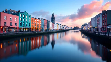 Papier peint photo intissé Colorful Buildings Reflecting in River Lee at Sunset, Cork, Ireland