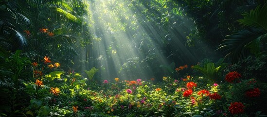 Sunlight streams through lush tropical garden