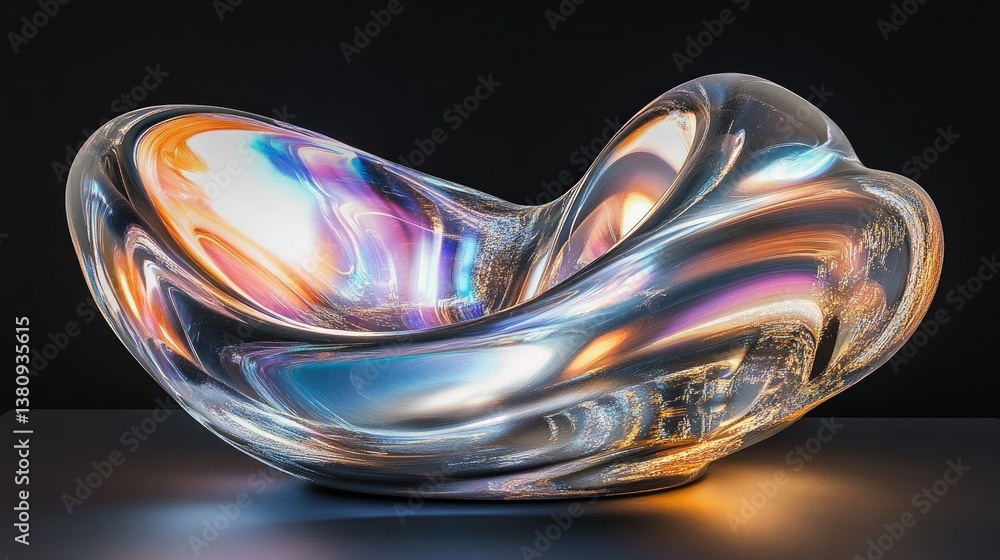 Poster a mesmerizing swirl of smooth, holographic liquid with a prismatic glow, creating a futuristic, floa