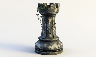 Fototapeta premium Old stone rook chess piece with ivy on white background, strategy concept