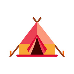 Colorful camping tent in flat style with crossed wooden poles, AI Generation