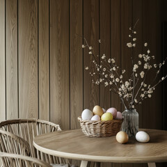 A stylish Easter dining arrangement featuring ceramic plates, silverware, and seasonal decor. The sophisticated and inviting table setup is ideal for hospitality, branding, and festive promotions.