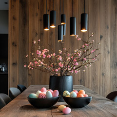 A stylish Easter dining arrangement featuring ceramic plates, silverware, and seasonal decor. The sophisticated and inviting table setup is ideal for hospitality, branding, and festive promotions.