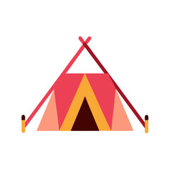 Colorful camping tent in flat style with crossed wooden poles, AI Generation