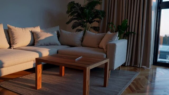 Canap&eacute; beige dans un salon moderne, lumi&egrave;re dor&eacute;e du soleil couchant sur le bois et les tissus, plantes vertes et rideaux en fond &ndash; d&eacute;coration int&eacute;rieure cosy et &eacute;pur&eacute;e