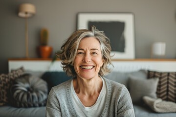 Portrait of a smiling caucasian woman in her 50s laughing on crisp minimalistic living room