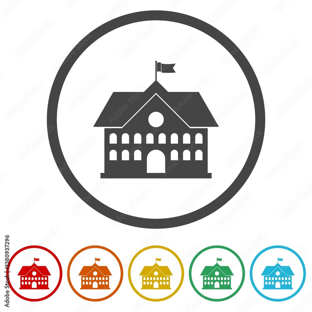 Poster school building icon. set icons in color circle buttons