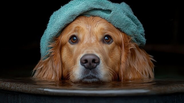 Golden retriever with towel, in a tub, looking cute and relaxed