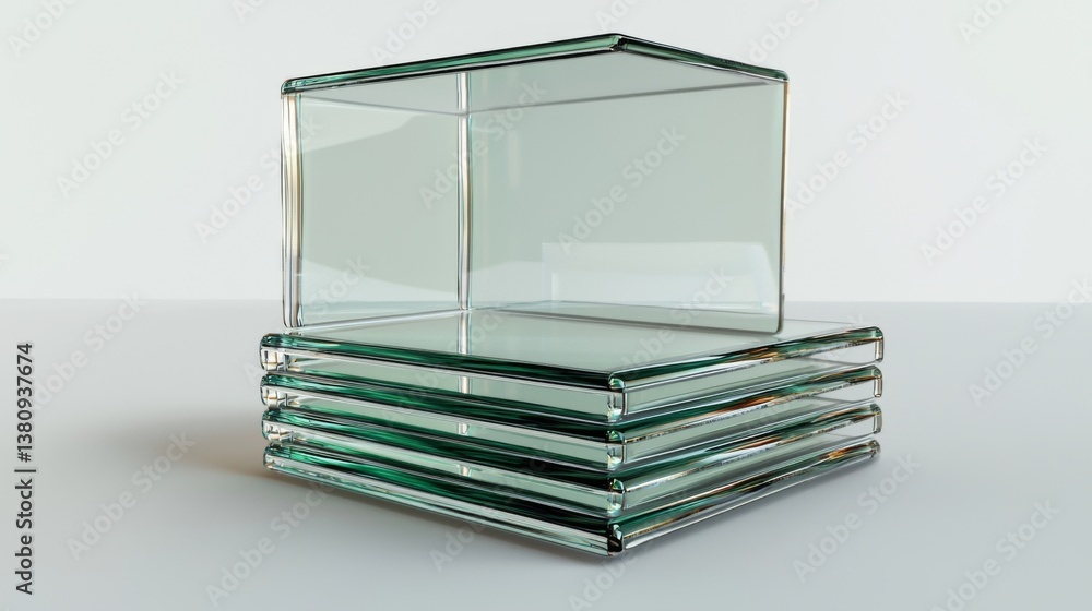 Poster stacked glass boxes with a transparent design on a clean surface