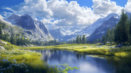 Fototapeta premium SERENE VALLEY LANDSCAPE WITH MEANDERING STREAM AND TOWERING MOUNTAINS UNDER A VIBRANT SKY, SHOWCASING LUSH VEGETATION AND A TRANQUIL ATMOSPHERE IN THE HEART OF NATURE'S BEAUTY.