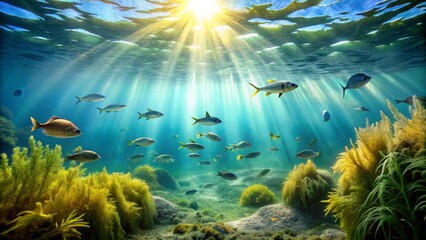 Fototapeta premium Underwater Scene with Sunlight, Fish, and Vibrant Marine Flora