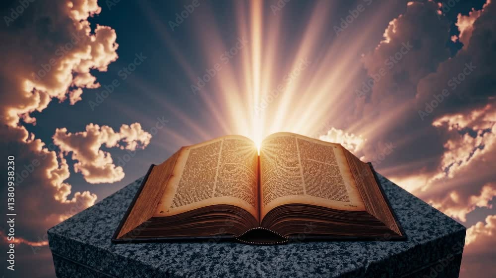 Poster an open book on a pedestal with sun rays shining through clouds. captured from a low angle, creating