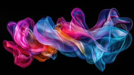 Iridescent liquid waves in neon hues of pink, blue, and gold, twisting and flowing against a black background in a futuristic composition.