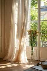 Sheer fabric curtains glowing in warm sunlight near a French window