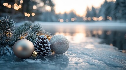 Christmas decorations set against a frozen lake backdrop