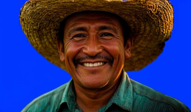 Zoom acercamiento a Campesino con rasgos latinos, bigote, piel morena, sombrero de paja, sonriendo sobre fondo azul para croma.