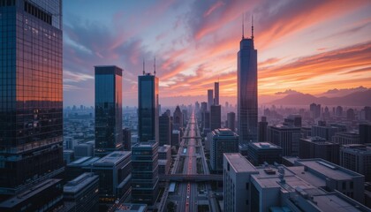High-tech city at sunset, viewed from a drone with skyscrapers reflecting fiery sky and soft motion blur of traffic, creating a cinematic atmosphere Generative AI