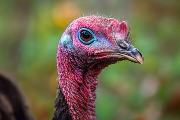 Close-up of wild turkey with vibrant colors and detailed features