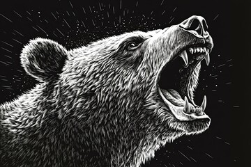 An illustrated black and white image of a roaring bear