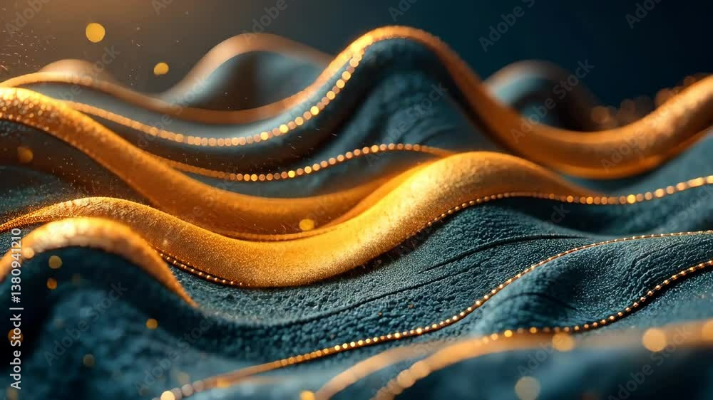 Aufkleber Golden waves ripple across a textured surface, shimmering with light and tiny particles.
