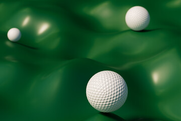 Three golf balls on a green surface, showcasing a golfing scene. 3d rendering