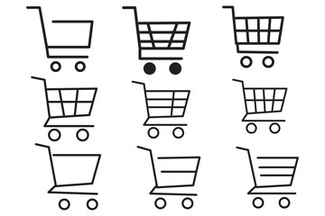 Shopping cart icon vector set. Retail supermarket trolley symbol. Simple grocery basket line icon set. Online purchase or buy cart sign. Add to cart symbol.