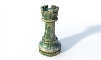 Fototapeta premium Weathered green rook chess piece on white background for game or strategy concepts