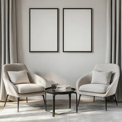 Two armchairs, coffee table, and two blank frames in a minimalist room.