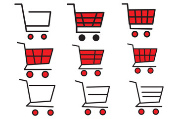 Shopping cart icon vector set. Retail supermarket trolley symbol. Simple grocery basket line icon set. Online purchase or buy cart sign. Add to cart symbol.