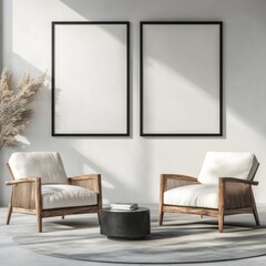 Two armchairs, coffee table, pampas grass, and two blank frames in a minimalist room.