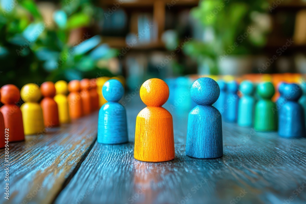 Poster colorful wooden figures arranged in a circular pattern around central figures symbolizing teamwork a