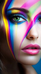 Colorful Artistic Makeup on a Beautiful Girl, Close-Up Portrait, Vibrant and Expressive
