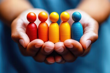 Colorful Wooden Figures in Hands Symbolizing Unity, Diversity, and Collaboration in Community Building and Supportive Relationships