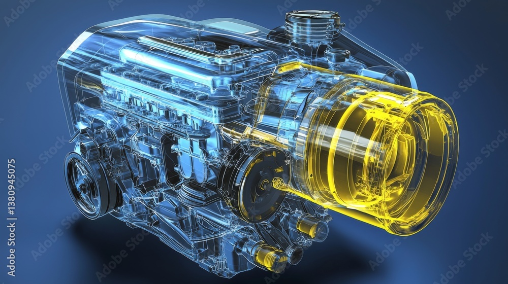 Poster transparent engine model showcasing intricate mechanical details and design