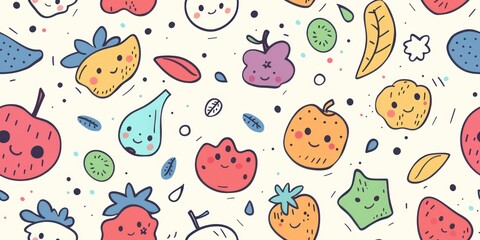 Doodle very fun minimal cute colorful seamless pattern abstract element outline art hand draw cartoon monster picture soft white background.