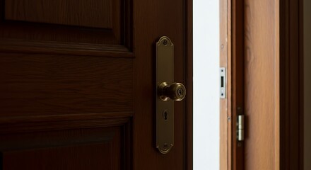 Obraz premium Partially Open Wooden Door: Brass Hardware, Hint of Light, Interior Space.