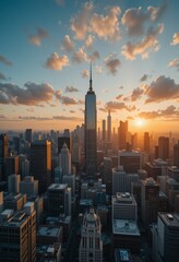 Naklejka premium Aerial drone shot of a modern city skyline at dusk, with golden sunlight reflecting off skyscrapers and winding streets contrasting with sleek architecture Generative AI