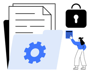 Papers, a gear-marked file folder, a lock, and a person using a calculator represent secured data access, organization, and analysis. Ideal for privacy, coding, business compliance IT strategy