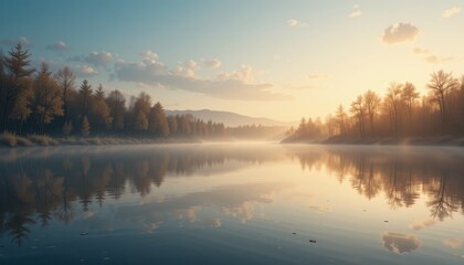 Fototapeta premium Tranquil morning reflections on a serene lake nature landscape photography dawn peaceful environment scenic view
