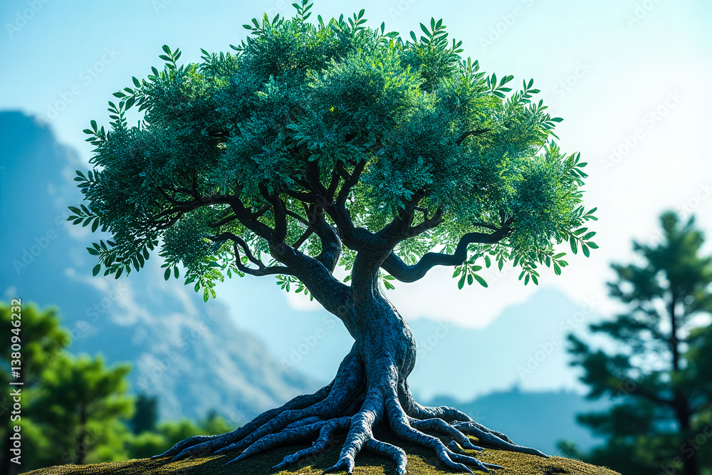Poster a large tree with a trunk that is twisted and has a lot of branches. the tree is surrounded by mount