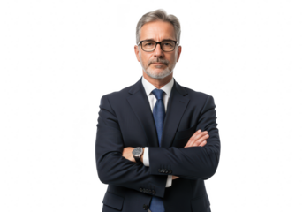 A mature man in a dark navy business suit standing confidently with arms crossed isolated on transparent background