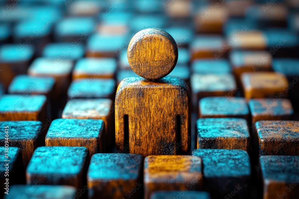 Poster wooden figure among colorful blocks representing individuality and choice in a dynamic and abstract 