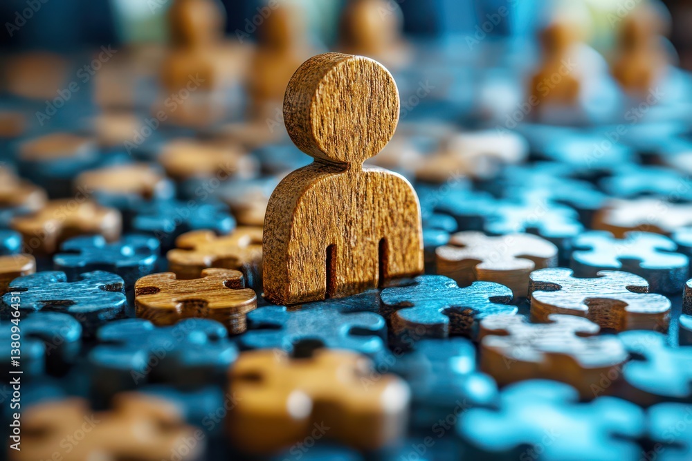 Poster wooden figure standing on jigsaw puzzle pieces representing individual thoughts and teamwork in prob