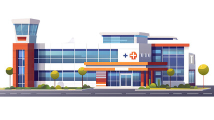 Modern Healthcare Facility: A contemporary hospital building features clean lines, modern design, and prominent healthcare symbols, symbolizing care and innovation.